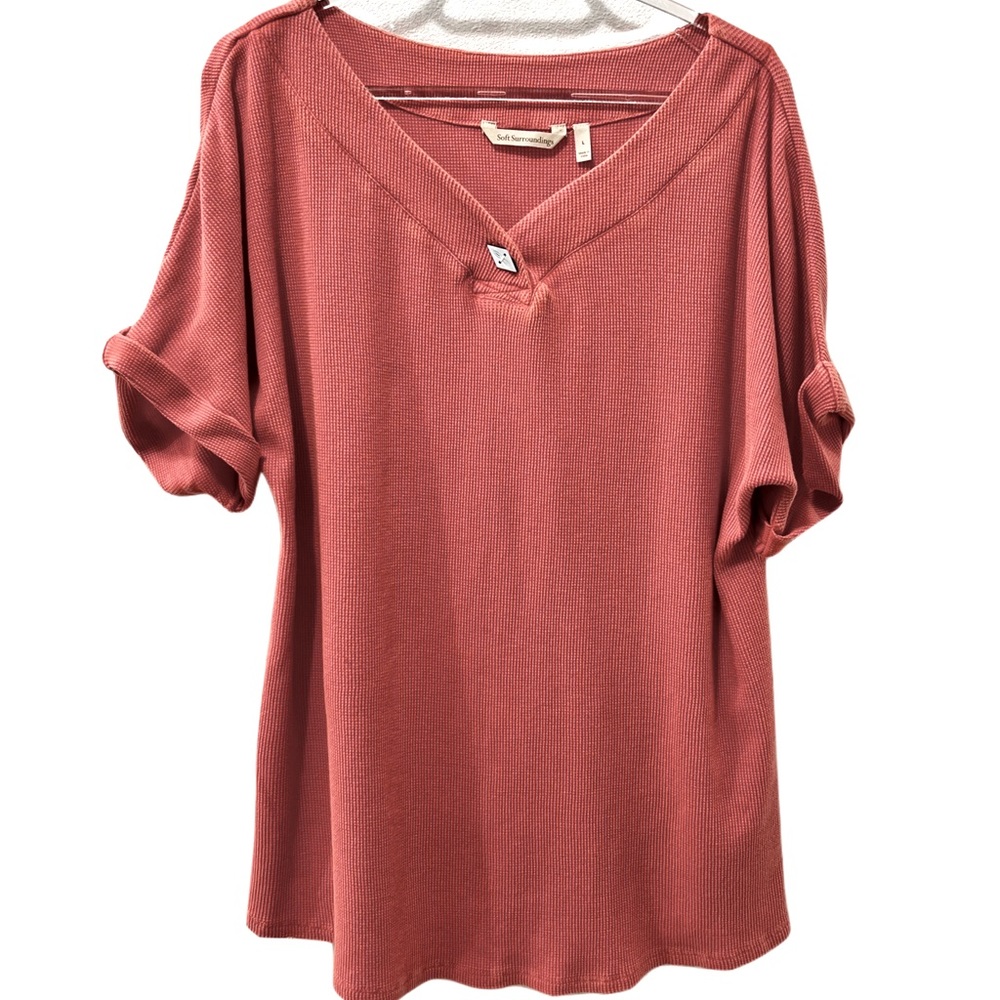 Soft Surroundings Red Orange Cuffed Sleeve Relaxed Tee